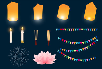 Loy Krathong Festival That includes incense sticks candles fresh flowers fireworks colorful flags  lanterns  flags temple fairs celebrations festivals - obrazy, fototapety, plakaty