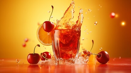 Cherry red cool juice in glass with reflection, juicy splashes and drops fly on orange background, copy space, mockup for web banner. Ripe summer fruit drink with bubbles, swirl and splashing.