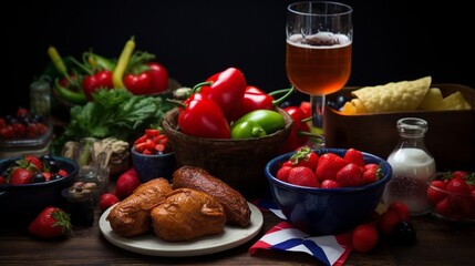 Chilean independence day table with traditional festive food for fiestas patrias. Dish and drink on 18 September party.