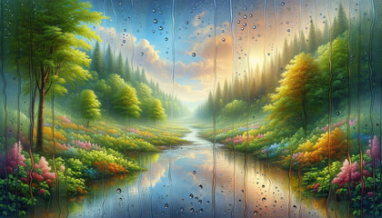 Forest Sunrise View with Raindrops on Window - Lush Landscape Wall Art