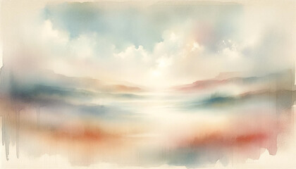 Landscape Watercolor: Tranquil Sunset Reflections in Soft Pastel Hues