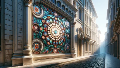 Cercles muraux Coloré Mystical City Secret: Enigmatic Stained Glass Doorway in an Urban Alley Art
