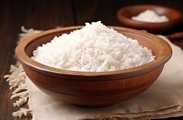 White Rice In A Wooden Bowl