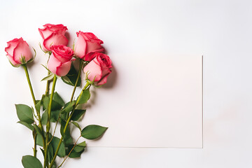 Paper card center of image, pink rose and red rose bunch on the left, all of them on white background, clean lighting, top view, valentine's day concept.