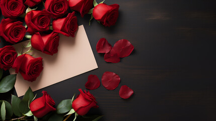 Paper card center of image, pink rose and red rose bunch on the left, all of them on black background, clean lighting, top view, valentine's day concept.