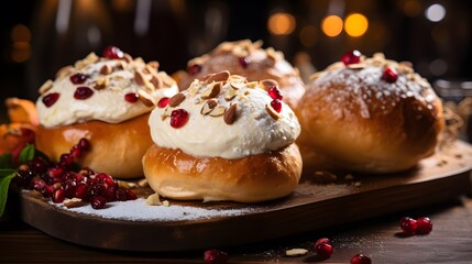 Obraz na płótnie Canvas Homemade italian sweet Maritozzi buns, breakfast dessert brioche stuffed with whipped cream, with various topping, nuts, fruit 