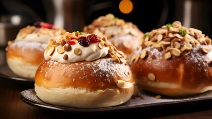 Obraz na płótnie Canvas Homemade italian sweet Maritozzi buns, breakfast dessert brioche stuffed with whipped cream, with various topping, nuts, fruit 
