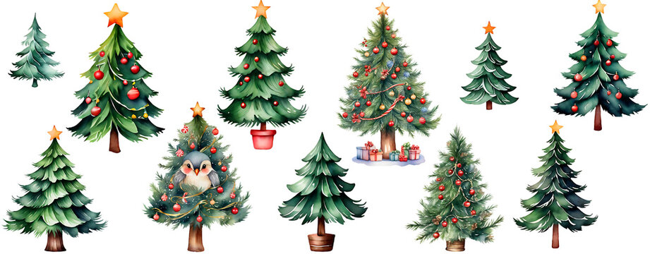 Set of 10 watercolor christmas trees illustrations. holiday festive illustrations, A Generative AI Digital Illustration.