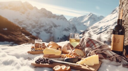 Traditional Italian food and drink outdoor in sunny winter day. Romantic alpine picnic in Dolomites with mountains background, Lambrusco cheese baguette and ham on the snow. - Powered by Adobe