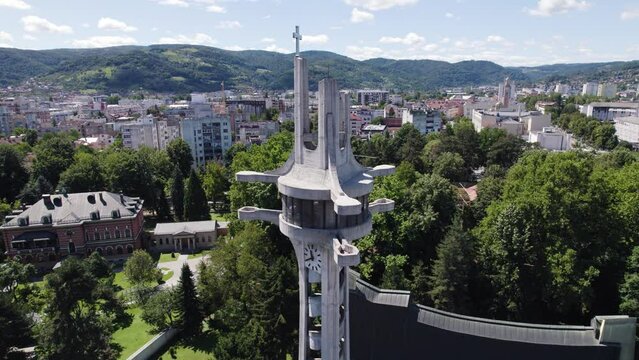Aerial Panoramic: St. Bonaventure Cathedral Spire, Banja Luka, Bosnia
