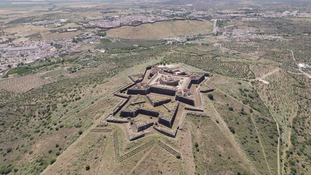 Strategic symmetrical fortress Nossa Senhora da Gra&ccedil;a Fort in Elvas, Portugal, circling aerial