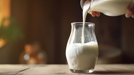 Pouring milk from bottle into glass at wooden table, closeup