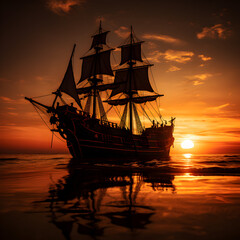 Pirate ship silhouette with the sunset in the background. Generative ai. 
