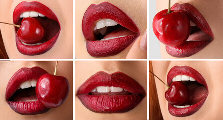 Collage of beautiful young woman with red lips and cherry, closeup
