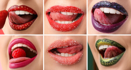 Collage of beautiful lips with unusual makeup, closeup - obrazy, fototapety, plakaty