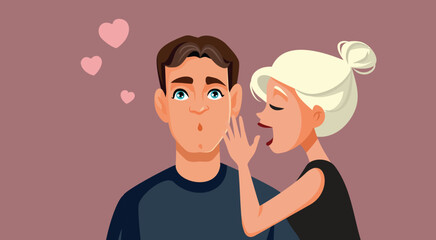 Woman Making Indecent Proposals Whispering to her Man Vector Cartoon. Girlfriend flirting with her boyfriend on a date trying to seduce him
