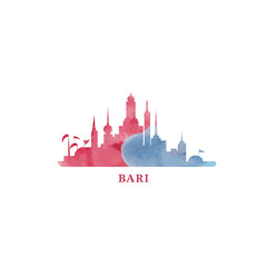 Fototapeta premium Bari watercolor cityscape skyline city panorama vector flat modern logo, icon. Italy town emblem concept with landmarks and building silhouettes. Isolated graphic