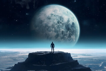 A man standing on the moon, moon over the mountains, silhouette of a person on the moon - obrazy, fototapety, plakaty