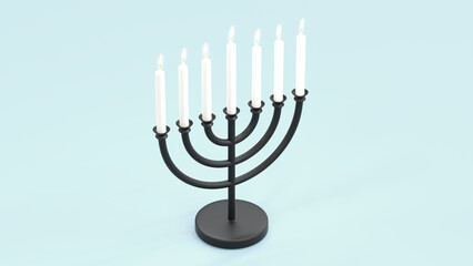 3D Render of a Black Metallic Candle Holder with 7 Lit Candles