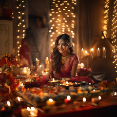 Young indian woman making flower decoration for diwali festival