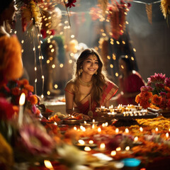Obraz na płótnie Canvas Young indian woman making flower decoration for diwali festival