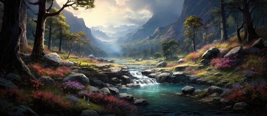 Up close the beauty of nature unfolds with vibrant flowers glistening water majestic mountains towering trees and intricate details of stones limbs and leaves in the enchanting forest