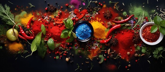 The colorful organic backgrounds set the stage for a gourmet cooking experience filled with aromatic spices spicy condiments like chili and paprika and flavorful ingredients enhancing the t