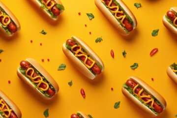 Hot Dogs on Yellow Background, Menu and Restaurant Advertising, Delicious Hot Dogs Sandwich with Sausage and Mustard