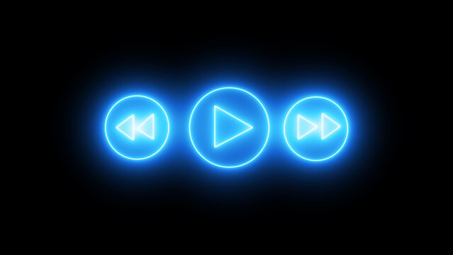 neon play button. Set of neon media buttons - play, pause, stop, rewind.