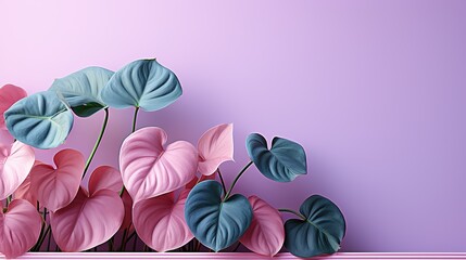 Pink Monstera and green plants with large leaves in pink background, pastel colors palette