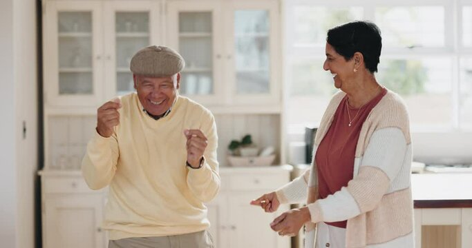 Love, home kitchen and happy elderly couple dance, smile and enjoy quality time together, having fun and bonding. Retirement music, energy and senior man, old woman or people with Brazil song track