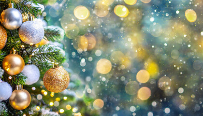 Christmas tree adorned with baubles and toys, evoking the holiday spirit in a blurred background