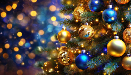 Christmas tree adorned with baubles and toys, evoking the holiday spirit in a blurred background