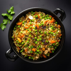 Mix vegetable pulao in black bowl, indian veg biryani,
