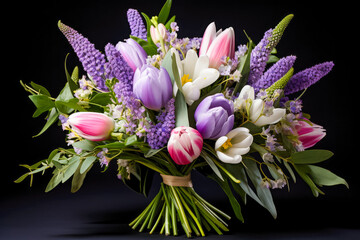 bouquet of tulips and crocus on a black background