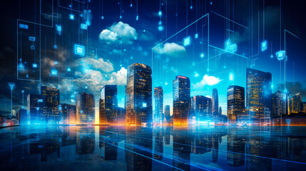 Modern city at night with digital cloud computing concept.