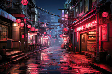 Chinese restaurant on the street at night in full moon light illustration. - obrazy, fototapety, plakaty