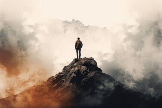 Man standing on the top of a mountain and looking at the sky