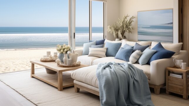 living room interior deisgn with coastal interiod design style white and blue material color scheme and finishing beautiful living room with view window of ocaen beach seascape daylight from window
