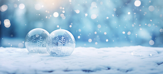 Fototapeta na wymiar blue christmas spheres on an empty snowy table with a bokeh background of defocused lights