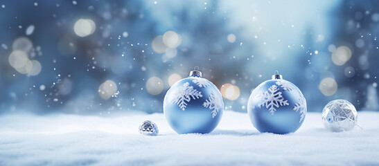 blue christmas spheres on an empty snowy surface with a defocused bokeh background