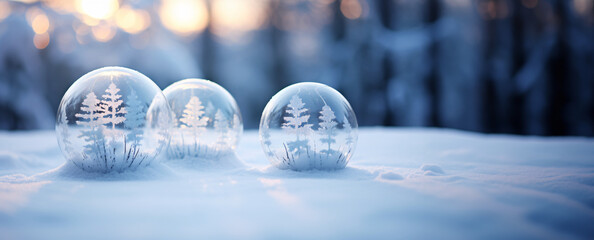 transparent christmas spheres on an empty snowy surface with a defocused bokeh background - obrazy, fototapety, plakaty