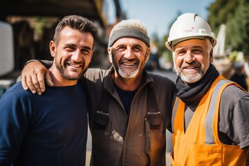 Men builders in reflective vests and helmets pose for photo smiling during work break