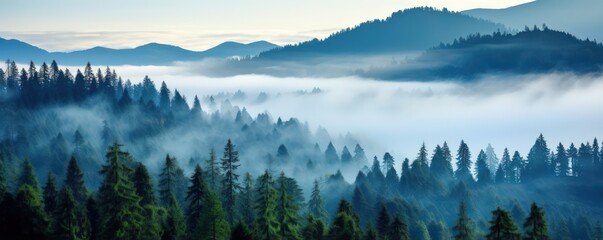 Fog conceals details of mountains with trees inviting greater sense of wonder with mystery - obrazy, fototapety, plakaty