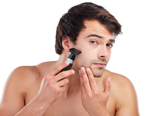 Shaving, razor and portrait of man for skincare, wellness and health on png and transparent background. Beauty, beard and face of isolated person shave for grooming, hygiene and facial hair removal