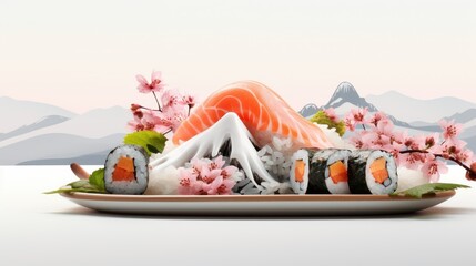 Sushi Japanese Foods Image for Menu Advertising, Restaurants Promotional Flyer and Poster Concept, Delicious Japanese Sushi Roll with Salmons - obrazy, fototapety, plakaty