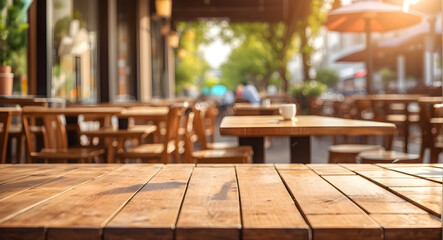 Obraz na płótnie Canvas empty wooden table top with blur background of outdoor cafe in tthe morning