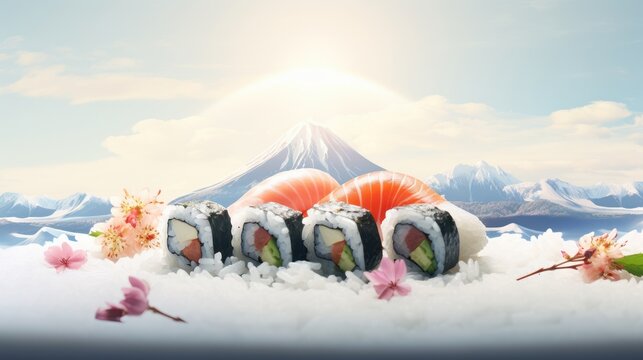 Sushi Japanese Foods Image for Menu Advertising, Restaurants Promotional Flyer and Poster Concept, Delicious Japanese Sushi Roll with Salmons