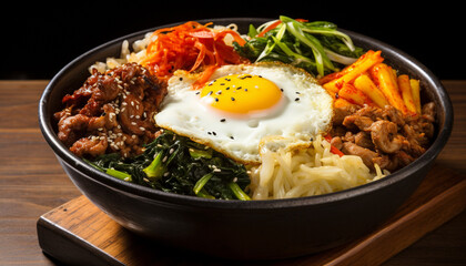 Bibimbap served in a sizzling hot stone bowl with an assortment of delectable ingredients, including kimchi, fresh vegetables, and a perfectly fried egg - obrazy, fototapety, plakaty