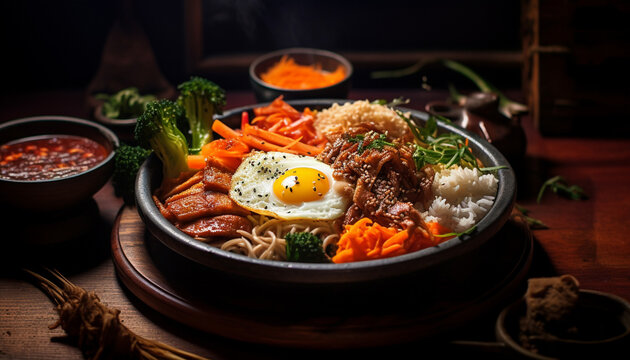 Bibimbap served in a sizzling hot stone bowl with an assortment of delectable ingredients, including kimchi, fresh vegetables, and a perfectly fried egg